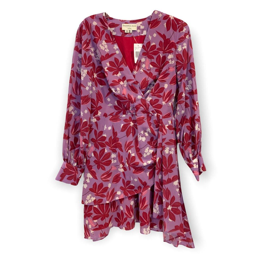 NEW Sachin And Babi Dress Womens 8 Purple Faux Wrap Asymmetric Ruffle Side Zip